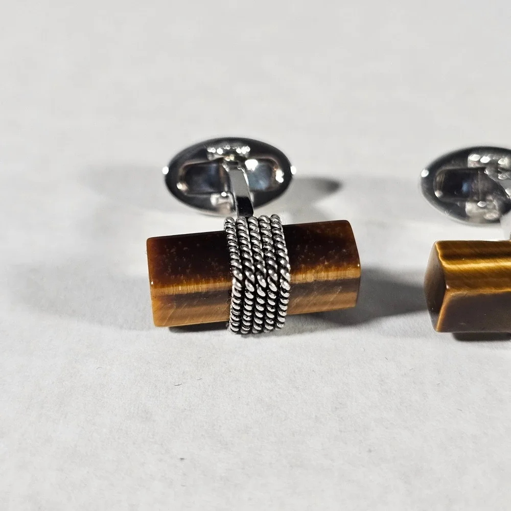 Jan Leslie Cufflinks Mens OS Brown Tigers Eye Sterling Silver 925 Rope Detail